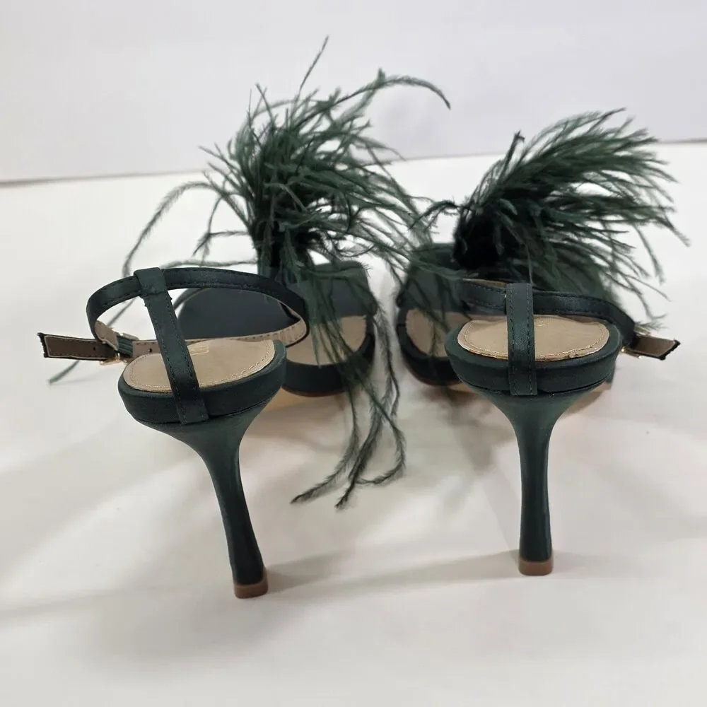 Lemonade Feather Heels Womens 7.5 Green Satin Ankle Strap Stiletto Party Glam...